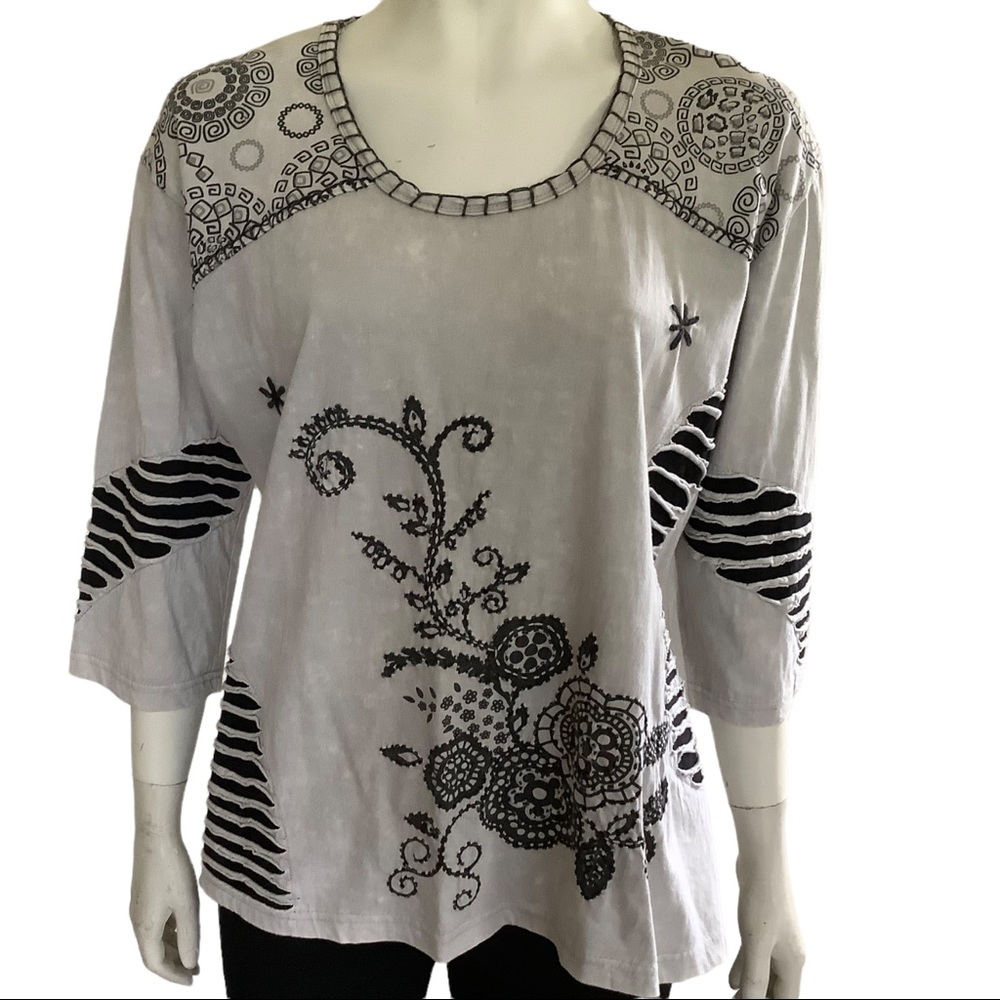 3/4 sleeve of comfy stretchy 100% cotton top in off white and black.
